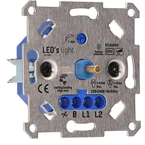 Universal Drehdimmer 250W - Unterputz Dimmschalter für LED und Halogenlampen - Dimmschalter für dimmbare LED und Halogenlampen mit automatischer Lasterkennung und Phasensteuerung. Einfache Installation in UP-Dosen mit nur 24 mm Einbautiefe.