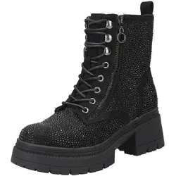 2GO FASHION Damen Schnürstiefeletten schwarz - Wanderschuhe mit Schmuckstein-Verzierung und seitlichem Reißverschluss für bequemen Einstieg. Ideal für stilbewusste Frauen, die Komfort und Eleganz schätzen.