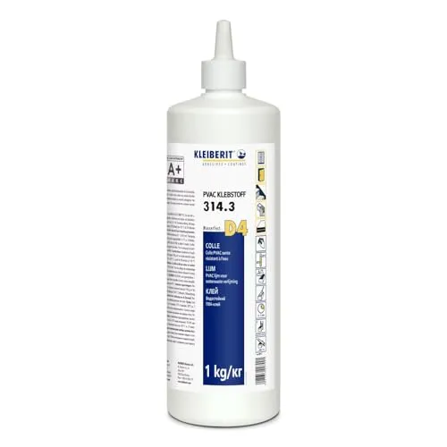 KLEIBERIT 314.3 Holzleim D4 – wasserfester PVAc-Dispersionsleim 1 kg Flasche für Fenster, Türen, Treppen, Trennwände & Massivholz – kurze Presszeiten & transparente Leimfuge