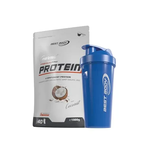 1kg Best Body Nutrition Gourmet 4 Komponenten Protein Eiweißshake - Set inkl. Protein Shaker (Coconut, Blau) - Vielseitiger 4-Komponenten Proteinshake mit cremiger Konsistenz und intensiven Fruchtstückchen. Ideal für den Muskelaufbau und die tägliche Versorgung mit hochwertigem Protein. Inklusive praktischem Dosierlöffel für optimale Zubereitung.