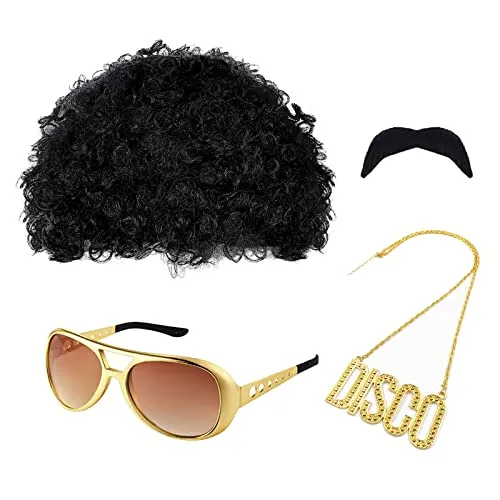 MIVAIUN Hippie Perücken Kostüm Zubehör Set, Funky Afro Perücke Sonnenbrille Halskette Schnurrbart für 60er 70er 80er Kostüm Disco Thema Party,Hippie Afro Perücke,Einheitsgröße
