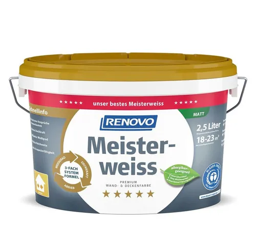 Renovo Premium Wand- und Deckenfarbe Meisterweiss matt 2,5 Ltr. - Innenfarben mit höchster Deckkraft und brillantem Weißgrad, ideal für anspruchsvolle Innenräume. Ergiebigkeit von bis zu 9 m²/l und nur 6 Stunden Trocknungszeit.