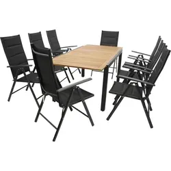 DEGAMO Garnitur MILOS 9-teilig: Alu + Akazie + Kunstgewebe schwarz - Gartenmöbel-Set mit 8 Klappsesseln und einem ausziehbaren Tisch (150-200 cm), ideal für gesellige Abende im Freien. Robust und elegant im anthrazitfarbenen Design.