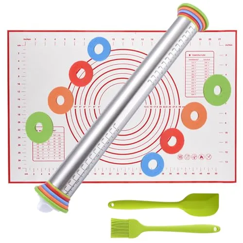 feixia Edelstahl Nudelholz mit Silikonmatte und Abstandsringen - Teigroller aus hochwertigem Edelstahl mit 4 abnehmbaren Ringen für präzise Teigdicken. Einfach zu reinigen und ideal für Pasta, Pizza und Kuchen - perfekter Komfort für Hobby- und Profiköche!