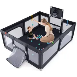 COSTWAY Laufstall Baby, Laufgitter mit Basketballkorb, Fußballnetzen, 50 Ozeanbällen & Griffen, Krabbelgitter mit Netz, Tragetasche, Dunkelgrau - Dunkelgrau