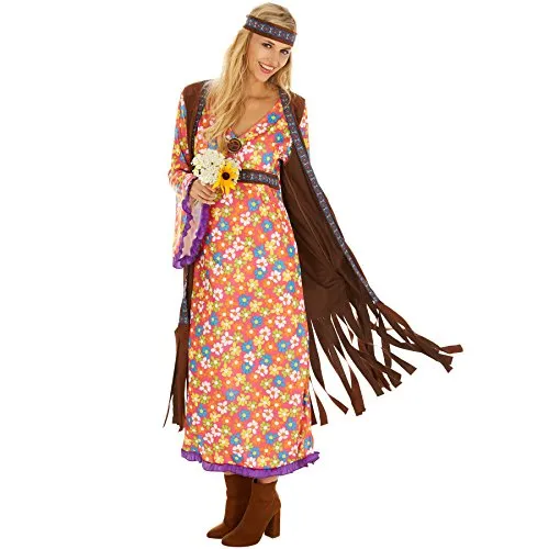 tectake® Frauenkostüm Mrs. Peacemaker - Kostüme für Karneval und Mottopartys, ideal für 70er Jahre Hippie-Themen mit buntem Flower-Power Design und einem Statement für Freiheit und Lebensfreude.