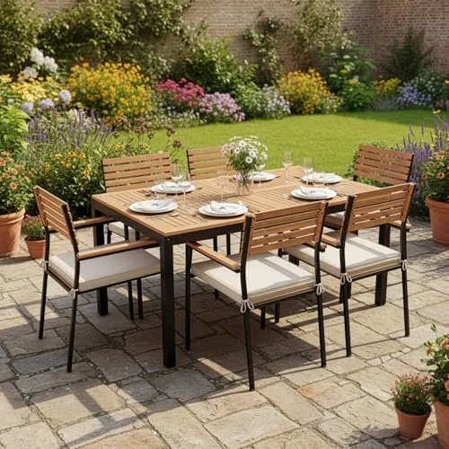 Juskys Akazienholz Gartengarnitur Rhodos - Elegante 7-teilige Sitzgruppe - Genießen Sie stilvolle Stunden im Freien mit der 7-teiligen Akazienholz Gartengarnitur Rhodos. Das robuste Design und die bequemen Auflagen bieten Komfort und Stabilität für bis zu 6 Personen.