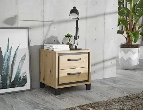 Forte Trondheim Nachttisch 50 - Nachttisch mit 2 Schubladen, aus hochwertigem Holzwerkstoff in Artisan Eiche/Schwarzeiche, pflegeleicht und ideal für stilvolle Schlafzimmer.