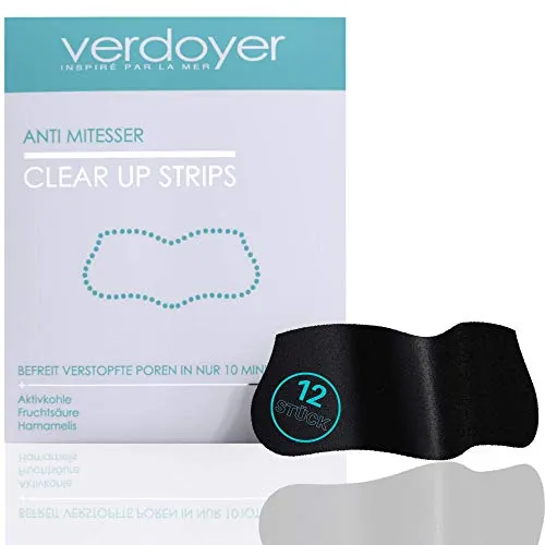 VERDOYER 12x Mitesserentferner Stripes mit Aktivkohle, Fruchtsäure & Hamamelis - TIEFENWIRKSAM - verfeinert Poren sicher, effektiv und nachhaltig - Anti Mitesser Nasenstrips Blackhead Remover
