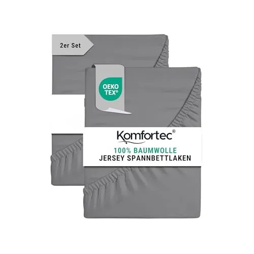 Komfortec Spannbettlaken Jersey 2er Set 100% Baumwolle – 180x200 cm – Weich, Atmungsaktiv & Hautfreundlich – Mit Rundumgummi – Oeko-Tex Zertifiziert – Für Boxspring, Topper & Matratzen – Grau
