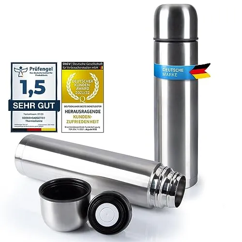 Edelstahl Flasche mit Becher; Kanne Doppelwandige Isolierkanne; Auslaufsicher, Spülmaschinenfest & BPA-frei; hält Getränke heiß & kalt (Silber, 1000 ml)