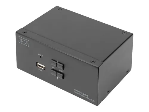 Digitus DS-12862 2-Port KVM-Umschalter - KVM-Switch für Dual-Displays, steuern Sie zwei 4K-PCs mit einer Tastatur und Maus, einfaches Umschalten per Knopfdruck oder Hotkey.