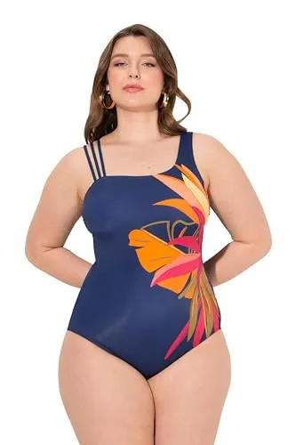 Ulla Popken Damen Plus Size Badeanzug mit Blätterdruck - Badeanzug für Damen in großen Größen, mit Softcups und stützender Powermesh-Vorderpartie, hergestellt aus recyceltem Polyamid für ein besseres Umweltbewusstsein.