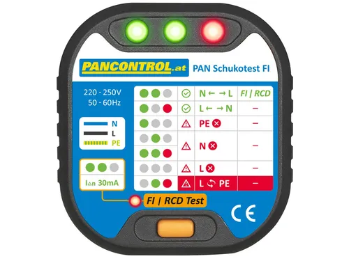 PANCONTROL PAN Steckdosen-Prüfer + FI-Tester - Sonstige Messgeräte, ideal zur Überprüfung von Steckdosen und FI-Schutzschaltern ohne Batterien, mit grünen und roten LEDs zur Anzeige der Verdrahtung.