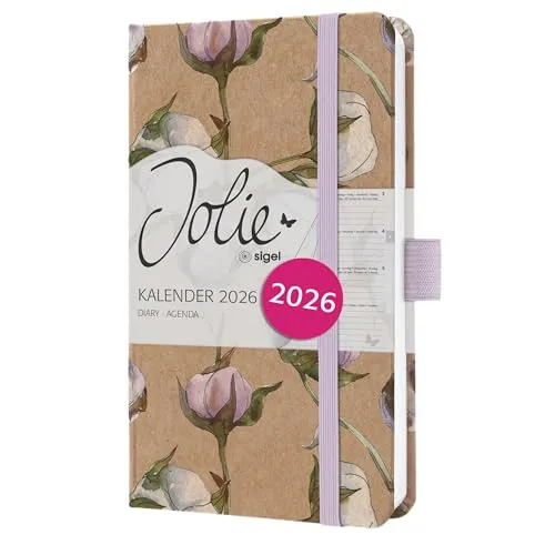 SIGEL J6804 Wochenkalender 2026 A6, flieder, rose, Hardcover aus Kraftpapier, Gummiband, Stiftschlaufe, 174 Seiten, vegan, Buchkalender, Terminplaner Taschenkalender Jolie