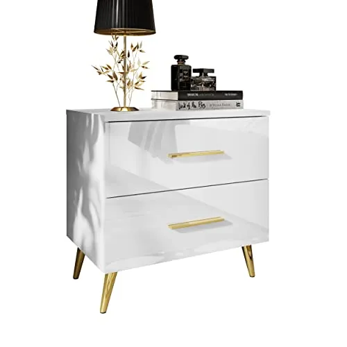 lukmebel Aura II Nachttisch - mit LED - Zwei Schubladen - sehr Widerstandsfähig - Schichtstoffplatte mit ABS-Kanten – Weiß/Weiß Glos - Goldene Beine