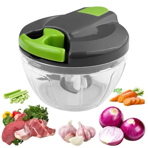 Ghazpmuk Gemüseschneider, 520 ml Zwiebelschneider Manuell, Zwiebel Zerkleinerer Manuell mit Seilzug, Multizerkleinerer mit 3 Edelstahlklingen, Knoblauch Zwiebeln Schneide, Gemüsezerkleinerer Küche