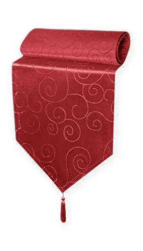 Haus und Deko Tischläufer Damast 30x100 cm Bordeaux Ornamente Circle, dekorative Tischdecke, Tischband mit Quaste, Moderne Mitteldecke für Wohnzimmer Esszimmer, Gastronomie Tischdecken