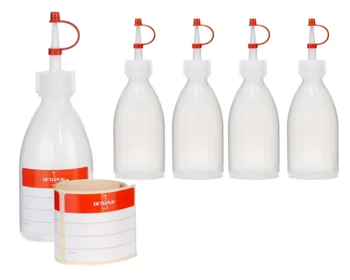 OCTOPUS Kanister 10 Plastikflaschen 250ml, rund mit roten Spritzverschlüssen (100ml Set, 5 St), 5x 100ml