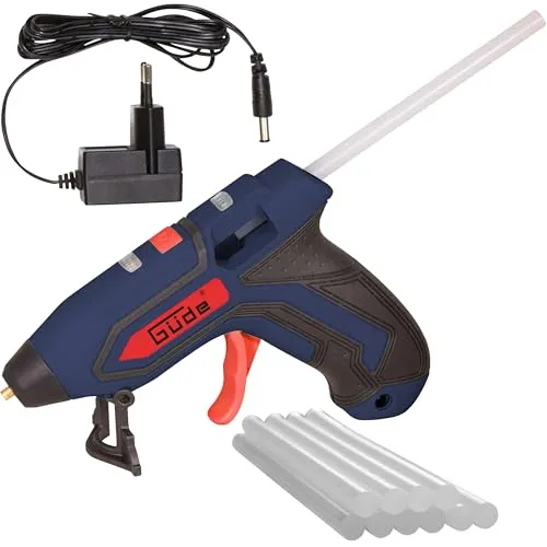 Güde 58499 Akku Heißklebepistole 7140-3.7 – Kabellose Mobilität - Die Güde Akku Heißklebepistole 7140-3.7 überzeugt durch kabelloses Arbeiten, schnelle Aufheizzeit von 1,5 Minuten und ergonomisches Design. Inklusive 10 Klebestiften und Ladegerät für vielseitige Anwendungen.
