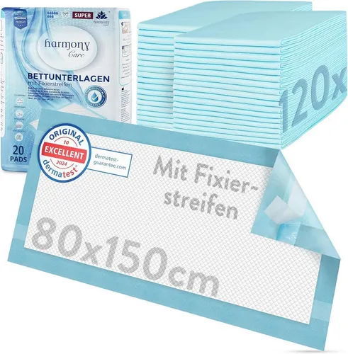 Harmony Care Inkontinenzauflage Bettunterlage mit Fixierstreifen - Inkontinenzauflagen, saugstark und rutschfest, ideal für sicheren Nässeschutz und einfach zu entsorgen, hypoallergen und bequem in der Anwendung.