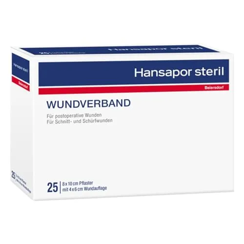 Hansapor Steril Wundverband 8x10cm - 25 Stück - Pflaster für postoperative und verletzte Wunden, atmungsaktiv und verklebt nicht mit der Wunde, dermatologisch getestet für empfindliche Haut.