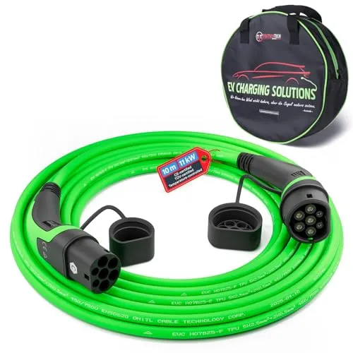 TEUTSCHTECH, Typ 2 Ladekabel – 10m 11 kW 16 A 3-phasig Mode 3 – EV Ladekabel für Wallbox & Ladestation – Elektroauto & Plug-in Hybrid – mit integrierter Temperaturüberwachung für erhöhten Brandschutz