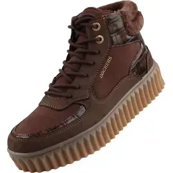 Dockers by Gerli Damen High Top Sneaker Braun - Wanderschuhe mit 4,5 cm hoher Plateausohle, ideal für kalte Tage. Das warme Fleecefutter und der gepolsterte Schaftrand bieten ausgezeichneten Komfort und Halt.