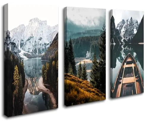 Visario Leinwandbild 120x80 cm 4425 Boot Berge Wälder See Natur Landschaft fertig gerahmt auf Holzrahmen Wandbild Wohnzimmer Schlafzimmer Büro moderne Wanddekoration Kunstdruck Leinwand Bild Nr 4425