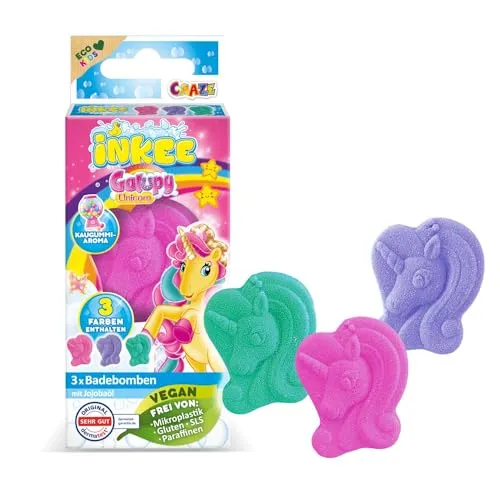 INKEE Badebomben Kinder GALUPY Mini Pack - 3er Pack Badekugeln mit spaßigen Farben, Kaugummi Aroma & Jojobaöl - 3x15g