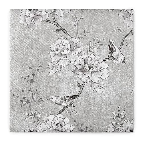 Sovie HORECA Airlaid Serviette, 40x40 cm, hochwertige Einweg-Servietten, extrem saugstark & stoffähnlich, Filigranes Blütendesign mit Vogelmotiv, 50 Stück - MAYLIN in Hellgrau