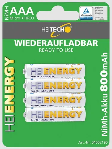 HEITECH AAA Akku Micro 800 mAh 1,2V NiMH 4 Stück Batterie, (4 St)