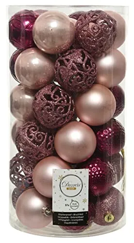 ETC dekorativer bruchfester Kugelmix als 37er Set Weihnachtskugeln Baumkugeln bruchfest für innen und außen Durchmesser 6 cm in verschiedenen Oberflächen Mustern (puderrosa samtpink magnolienrosa)