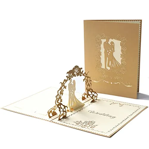 Olakin Pop Up Hochzeitskarte, Pop-Up Karte, 3D Glückwunschkarte mit Hochwertigem Umschlag, für Hochzeitstag, Hochzeitsgeschenk, Geburtstag, Hochzeitseinladung (Gold)