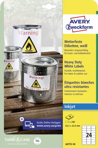Zweckform Folienetiketten J4776-10 - Wetterfest, 99,1 x 42,3mm, 120 Stück - Sonstige - Wetterfeste Inkjetetiketten aus strapazierfähiger Folie, ideal für dauerhafte Kennzeichnung im Innen- und Außenbereich, beständig gegen Schmutz, Öl und UV-Belastungen.