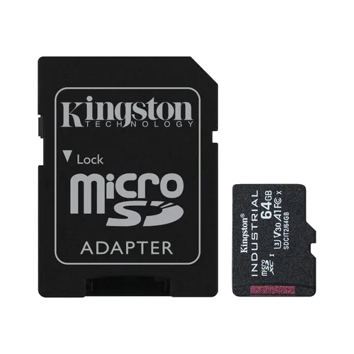 Kingston Industrial microSD/SD 64GB - 100MB/s - SDXC Speicherkarten mit 64GB Kapazität, ideal für schnelle Datenübertragungen bis zu 100MB/s, perfekt für professionelle Anwendungen und HD-Videos.