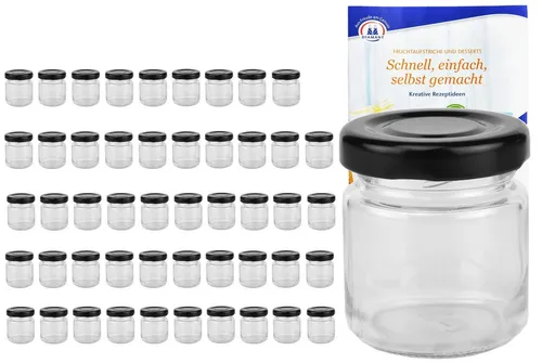 MamboCat Einmachglas 50er Set Mini Sturzgläser 53 ml - Praktisches Set mit 50 Mini Sturzgläsern und Rezeptheft, ideal zum Einkochen und Konservieren von Lebensmitteln. Umweltfreundlich und spülmaschinengeeignet!