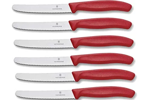 Victorinox 6 Stück Tafelmesser - Swiss Classic Brötchenmesser mit Wellenschliff - Tafelmesser aus rostfreiem Chromstahl mit strapazierfähigen Nylongriffen. Ideal für Brot und Brötchen, spülmaschinengeeignet und langlebig.