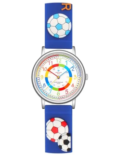 Alienwork Fußball Jungs Lernuhr Kinderuhr Jungen Uhrzeit Lernen Silber Kautschuk-Armband Blau Mehrfarbig Kinder-Uhr Wasserdicht 5 ATM Zeit Lernen