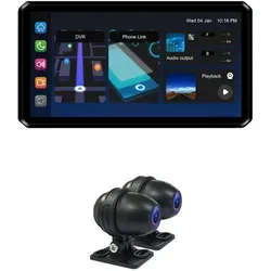 AlienRider M2 Pro Motorrad Multimediasystem + Kameras - Motorrad Multimediasystem mit HD Dashcam und Rückfahrkamera, unterstützt Wireless CarPlay und Android Auto für nahtlose Smartphone-Spiegelung.