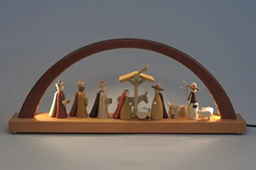 Richard Glässer Seiffen Schwibbogen Erzgebirge Christi Geburt, LED-Beleuchtung, neues Naturholzdesign, 01091