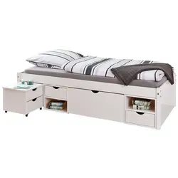 Funktionsbett Hamlets, weiß, mit Stauraum - Komfortbett aus Massivholz mit insgesamt 5 Schubfächern und 2 offenen Fächern für optimalen Stauraum. Ideal für kleine Räume und aufgeräumte Schlafzimmer.