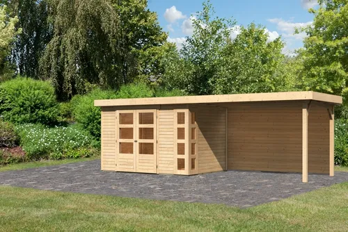 Karibu Gartenhaus Kerko 4 mit Anbaudach – 2,80 m Breite, naturbelassen - Das Karibu Gartenhaus Kerko 4 bietet ein modernes Design mit viel Tageslicht durch die Fensterecke. Das robuste 19mm Flachdach aus nordischer Fichte lässt sich schnell montieren und bietet Platz für Ihre Gartengeräte oder als Werkstatt.
