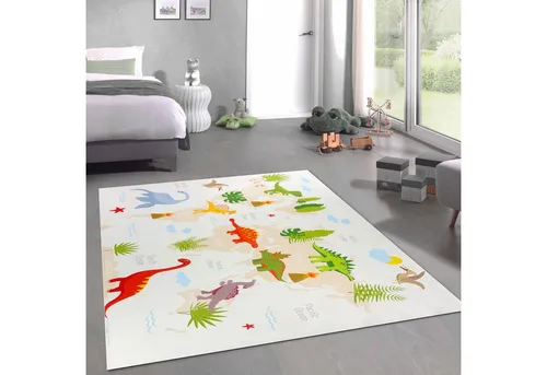 Carpetia Kinderteppich Kinderteppich im Dinomuster mit T-Rex Stegosaurus in Beige, rechteckig, Höhe: 5 mm