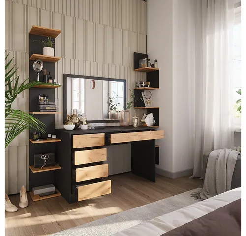 Vicco Schminktisch Sherry - Anthrazit/Goldkraft Eiche, 120 x 75 cm - Eleganter Schminktisch ohne Spiegel mit 5 Schubladen und 5 Türen, ideal für stilvolle Aufbewahrung und Organisation in Ihrem Schlafzimmer oder Ankleidezimmer.