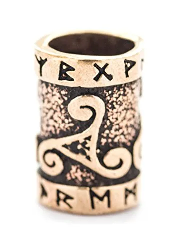 Battle-Merchant - Mittelalterliche Bartperle mit Runen und Triskele aus Bronze - Authentischer Wikinger Schmuck für Reenactment, LARP und Mittelalter Fans