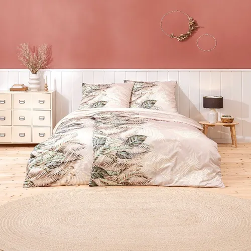 Estella Mako Satin Bettwäsche Timon 7386-230 Tropenblätter 135x200 - Bettwäsche-Set 135x200 cm + 80x80 cm aus 100% Baumwolle, hautsympathisch, pflegeleicht und trocknerfest – für erholsame Nächte im tropischen Design.