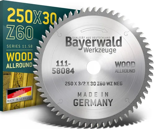 Bayerwald HM Kreissägeblatt 250 x 3/2.0 x 30 Z60 WZ neg. - Made in Germany - Sägeblätter für Kapp- und Gehrungssägen, mit negativem Spanwinkel für mehr Sicherheit und Kontrolle beim Schneiden von Holz und Plattenmaterial.