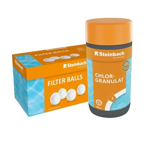 Steinbach Poolpflege-Set | Chlorgranulat & Filter Balls - Reinigungsmittel für Pools & Badewannen – Kombiniertes Set für schnelle Desinfektion und effektive Filtration, sorgt für kristallklares Wasser ohne Rückstände.