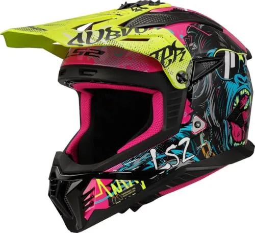LS2 MX708 Fast II Gorilla - Leichter Motocrosshelm in Schwarz/Lila/Neon-Gelb, 3XL - Motorradhelm aus KPA-Material, extrem leicht und sicher, mit hypoallergenem Innenfutter und Notfallentriegelungssystem für optimale Sicherheit beim Offroad-Fahren.